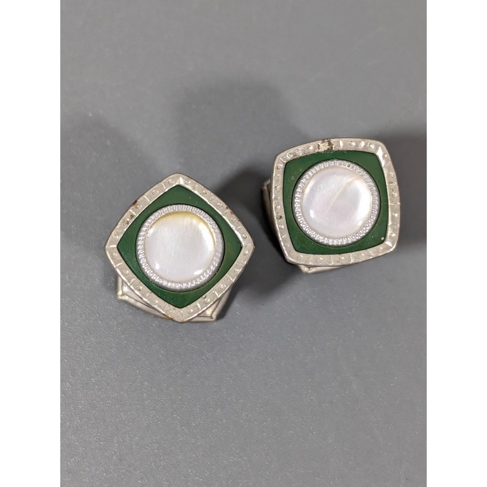 Vintage Green Enamel MOP Round Inlay Square Snap Cufflinks
